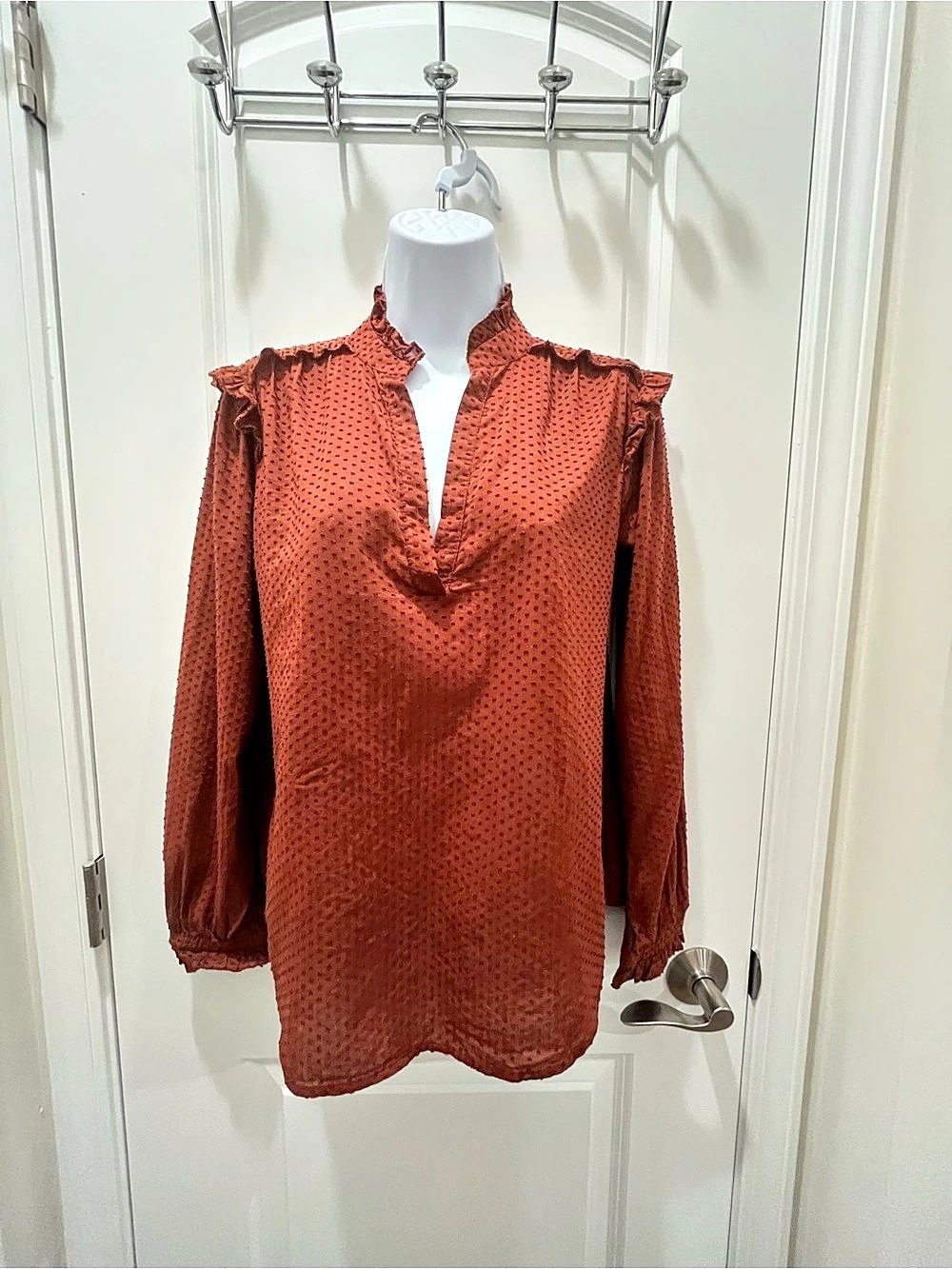 J Crew XXS Brown Ruffle Neck Blouse Popover split neck
